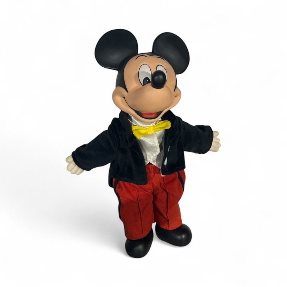 DISNEY 14" Plush Mickey Mouse Plastic Face Hands Shoes Tuxedo Red Pants Vintage
